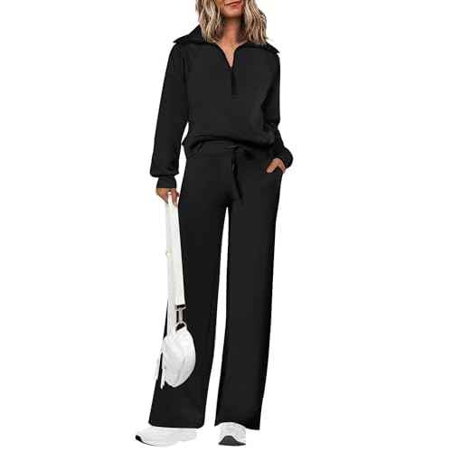 PRETTYGARDEN Women's 2 Piece Outfits Casual Lapel Half Zip Sweatshirts and Wide Leg Pants Tracksuit Sets