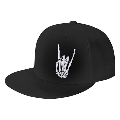 Skeleton Hand Snapback Hat for Men Women, Embroidered Adjustable Cotton Skull Finger Flat Bill Baseball Cap