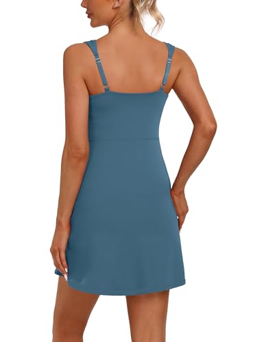 Desol Square Neck Tennis Dress for Women with Pockets, Built-in Shorts, Side Slit - Blue, Medium