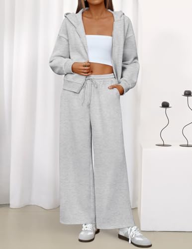 ZESICA Women's 2 Piece Zip Up Sweat Set - Fall Airport Travel Outfit - XL Grey