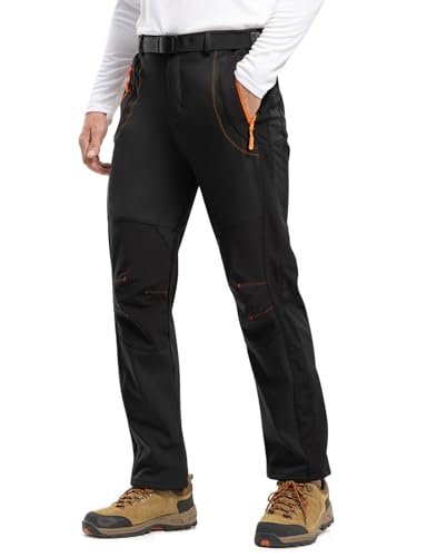 Men's Waterproof Snow Ski Hiking Pants Fleece Lined with Belt - Large, 3 Zip Pockets, Black