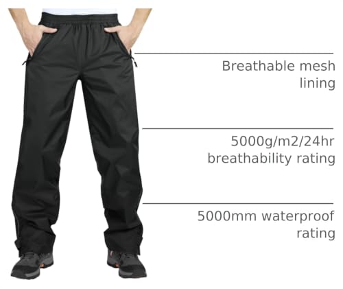 Men's Waterproof Rain Pants - Windproof Over Pants, 34W x 32L, Black
