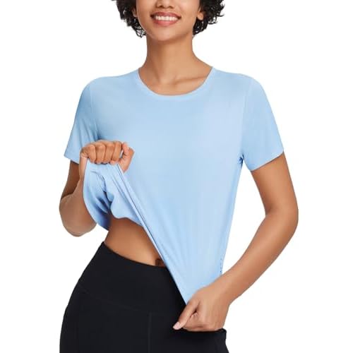 baleaf Women's Workout Tops Athletic Shirts Cropped Short Sleeve Split Back Running Gym Quick Dry Sun Protection UPF 50+