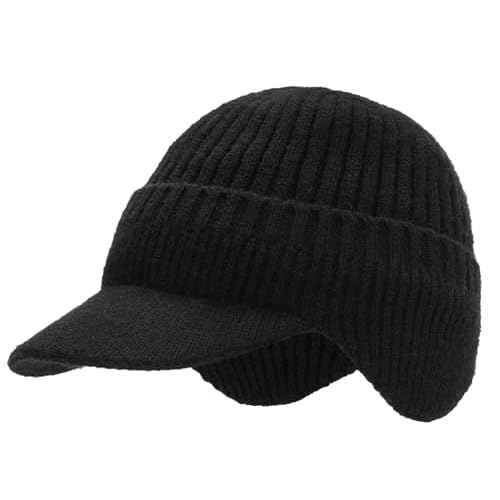 Men Warm Baseball Beanie Hat with Earflap Winter Visor Brim Knitted Caps Thicken Plush Lined Skull Ski Hat