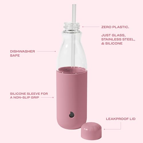 Glass Water Bottle with Straw - Dusty Pink, 18oz, Leakproof, BPA Free