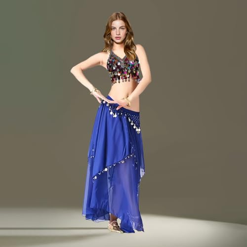 Women's Chiffon Belly Dance Skirt with Coins - Blue Variation