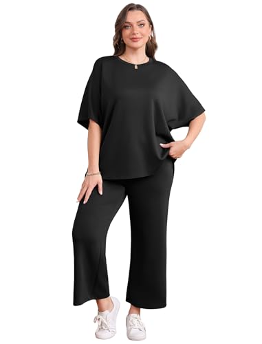 Sampeel Women's Summer Two Piece Sets Black XL Oversized Wide Leg Crop Pants Lounge Outfits