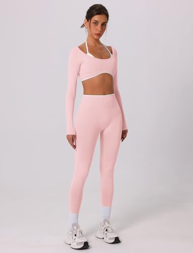 Pink OMEWEE Workout Sets for Women - Long Sleeve Crop Top & Anti-Squat Pants, Small