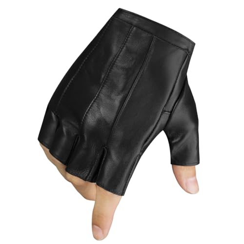 Mens Fingerless Leather Driving Gloves - Small Black