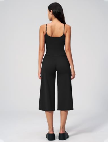 Women's Workout Set Spaghetti Strap Crop Top & Wide Leg Capri Pants - Medium Black