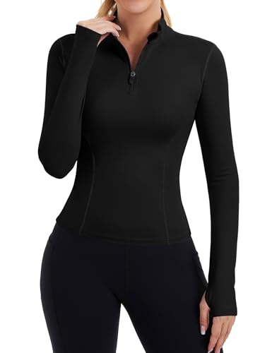 Women’s Quarter Zip Pullover Crop Top - Slim Fit Long Sleeve Workout Shirt Medium Black
