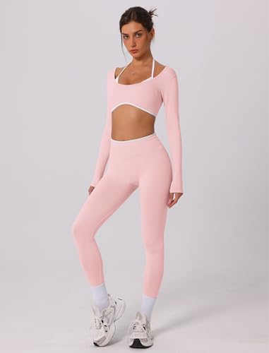 Pink OMEWEE Workout Sets for Women - Long Sleeve Crop Top & Anti-Squat Pants, Small