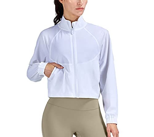 Women's UPF 50+ Athletic Running Track Zip Up Cropped Jacket - Small White