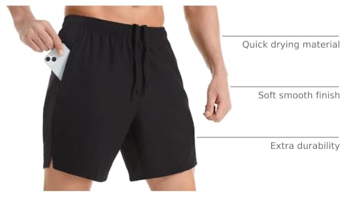Men's 7 Inch Lightweight Quick Dry Athletic Running Shorts with Zipper Pockets - Medium Black