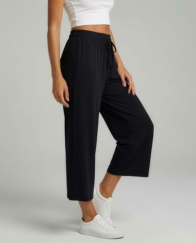 Women's Gaucho Wide Leg Capris Set of 3 - High Waist Loose Crop Pants with Pockets, Large