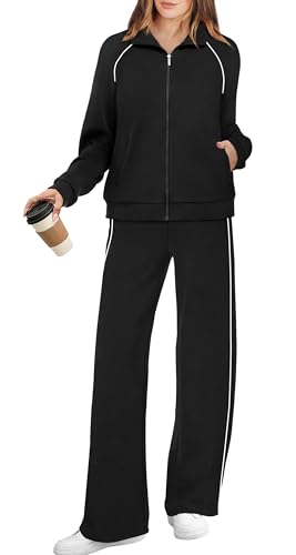 Women's 2 Piece Full Zip Lounge Set - Large Black & White Fashion Sweatsuit