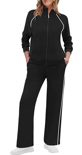 Women's 2 Piece Full Zip Lounge Set - Large Black & White Fashion Sweatsuit