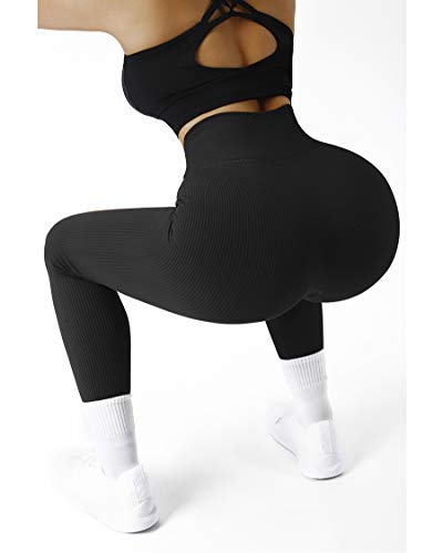 Women Ribbed Seamless High Waisted Workout Leggings - Medium, Black