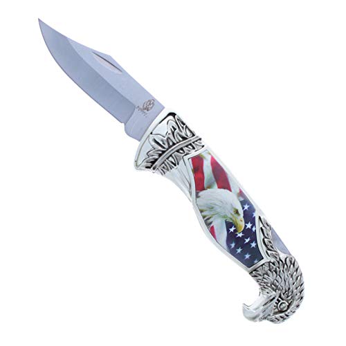 Patriotic American Flag Pocket Knife with Eagle Handle - 8 Inch Locking Collectible