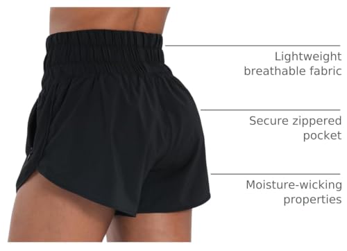 Sunzel Women's High Waist Running Shorts with Liner & Zipper Pocket - Medium Black