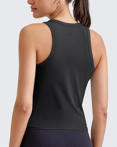 G4Free Women's Ribbed Workout Tank Top - Slim Fit Racerback Yoga Top with No Built-in Bra - Medium Black