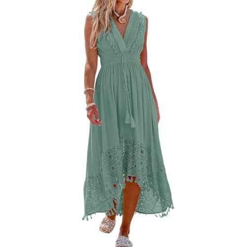 CUPSHE Women's Maxi Dress V Neck Sleeveless Lace Tassel Smocked Waist Cover Up Beach Formal Long Dress