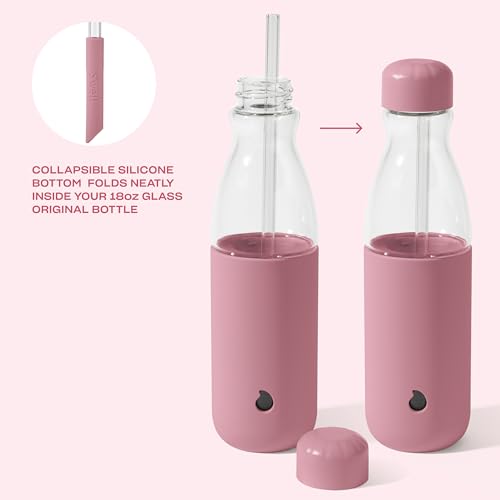 Glass Water Bottle with Straw - Dusty Pink, 18oz, Leakproof, BPA Free