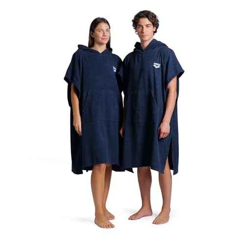 ARENA Unisex Cotton Poncho Soft Hooded Towel with Front Pocket Easy Changing Post Swim Warmth and Comfort for Beach Pool or Surf, Navy/White, Large/X-Large