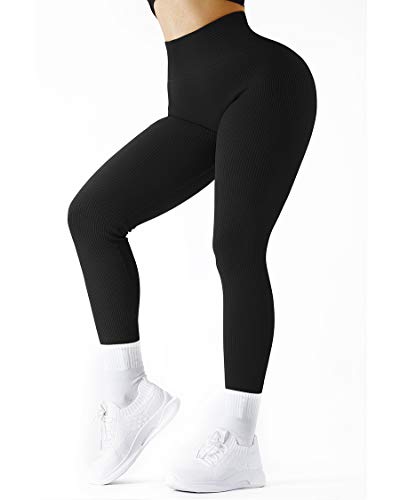 Women Ribbed Seamless High Waisted Workout Leggings - Medium, Black
