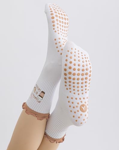 Yawlsow Cute Ruffle Pilates Grip Socks - Non Slip Crew Socks for Women, 2 Pack Pink & Brown - One Size