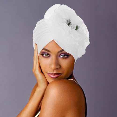 Bohend Flower Turbans Cap Pearl Knot Headwarp Beanie Pre Tied Head Cover Bonnet Women Muslim Stretchy Pleated Headscarf Hat