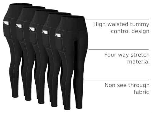 Large Pack of Black High-Waisted Pockets Leggings for Women - Tummy Control Workout Yoga Pants