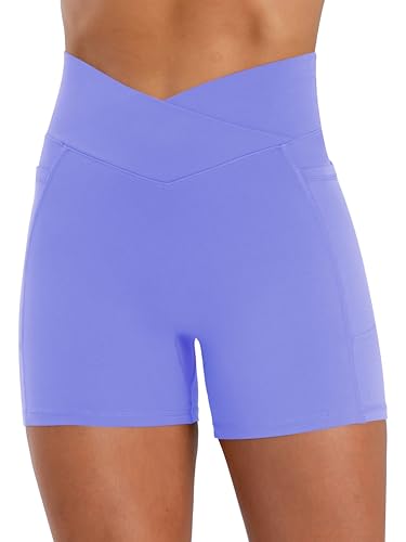 Sunzel Women's High Waist Crossover Biker Shorts with Pockets - 4 Inch Inseam, Medium, Periwinkle