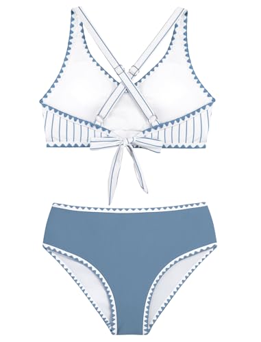 Girls Swimsuit Two-Piece Bikini Set with Crisscross Tie Back - Blue Striped, Size 13-14 Years
