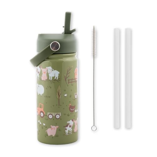Farm Pattern Insulated Stainless Steel Water Bottle with Straw & Handle - 14oz BPA-Free
