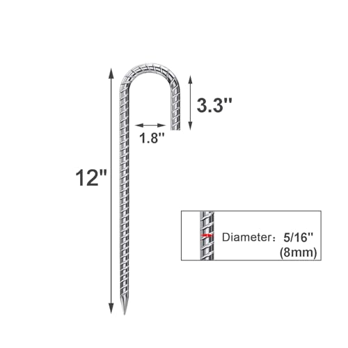 Rebar Stakes 12 Inch 6 Pack Tent Stakes Heavy Duty Metal J Hook, for Trampoline, Fence, Camping Tent (6, J-12 x5/16 Silver)
