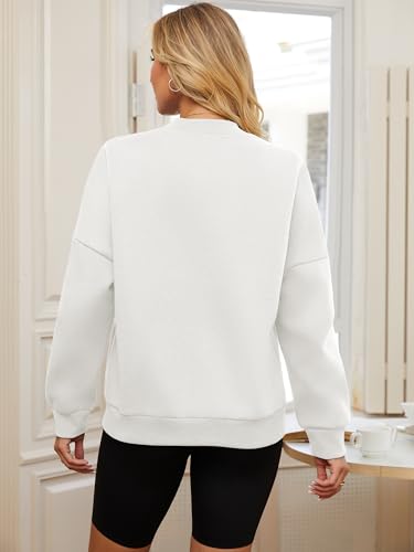 Women's Zip Up Fleece Sweatshirt Crew Neck Jacket with Side Pockets - Medium White