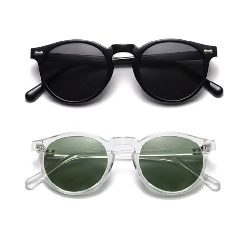 Retro Round Polarized Sunglasses for Women and Men - Vintage Style UV Protection - Black + Transparent/ Grey