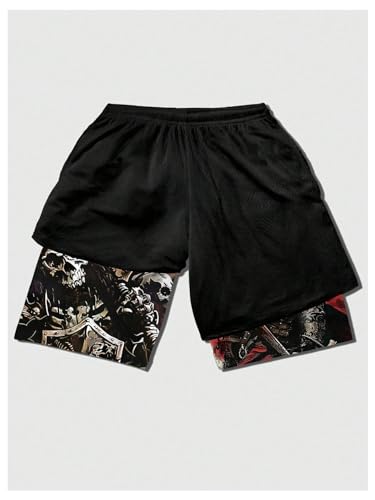 Men's 2 in 1 Gym Shorts with Letter Print & Pockets - Large / Black