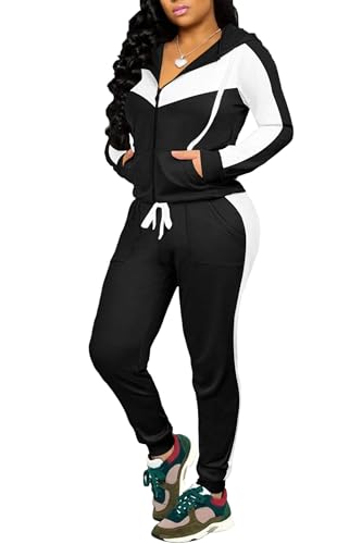 Women’s Track Suit Set X-Large Black White Patchwork 2-Piece Sweatsuit