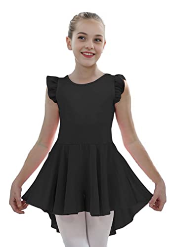 Kids Girls Ruffle Sleeve Tutu Leotard Dress for Dance, Gymnastics & Ballet - 5-6 Years, Black & Purple