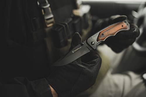 Smith & Wesson 8.5in Folding Knife with Drop Point Blade, Wood & Stainless Handle, Box