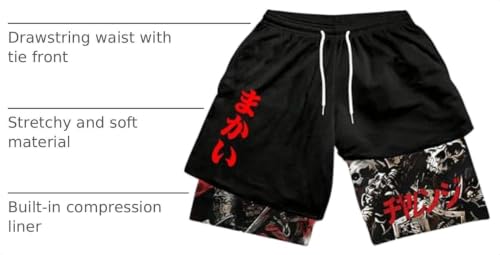 Men's 2 in 1 Gym Shorts with Letter Print & Pockets - Large / Black