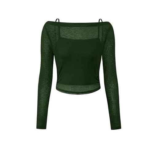 PRETTYGARDEN Women's Long Sleeve Sheer Crop Tops Boat Neck See Through Cover Up with Spaghetti Strap Camisole 2 Piece Blouses