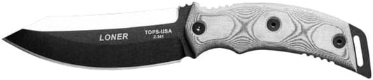 Tops Knives Loner Full Tang Fixed Blade- Black kydex Sheath w/Rotating Spring Steel clip (Black Linen Micarta)