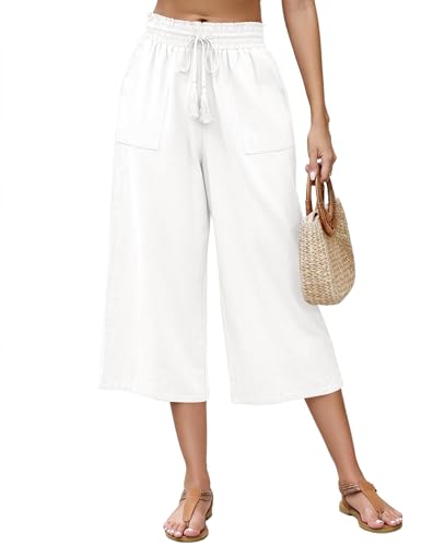 X-Large Women's Linen Wide Leg Cropped Pants High Waisted Summer Fashion - White
