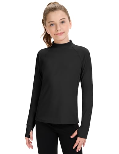 Girls Long Sleeve Turtleneck Shirt - Kids Athletic Top, Black, 9-10 Years