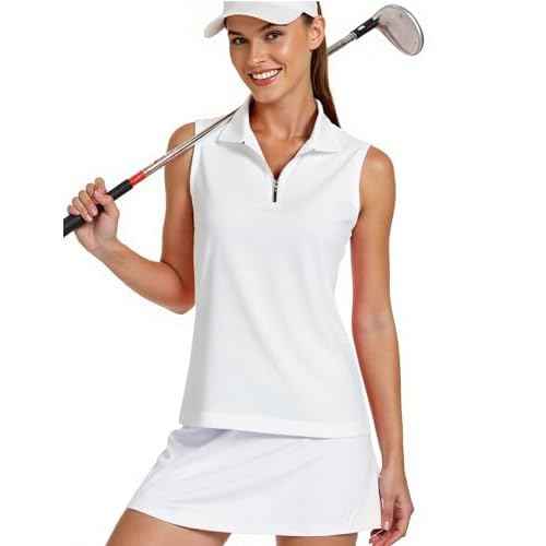 AURUZA Womens Golf Shirt, Sleeveless Polo Shirts for Women V Neck Zip Collar Athletic Workout Tennis Tank Top Summer Outfit