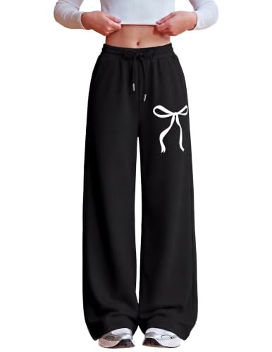 Girls Wide Leg Sweatpants with Pockets - Black, 12-13 Years - Baggy Athletic Pants