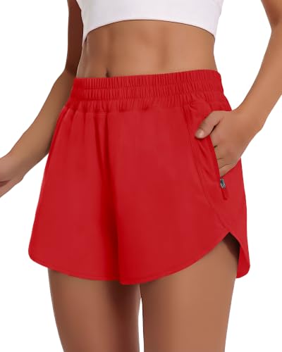Women’s Running Shorts with High Waist 3 Inch Quick Dry Liner Zipper Pockets - Medium Red